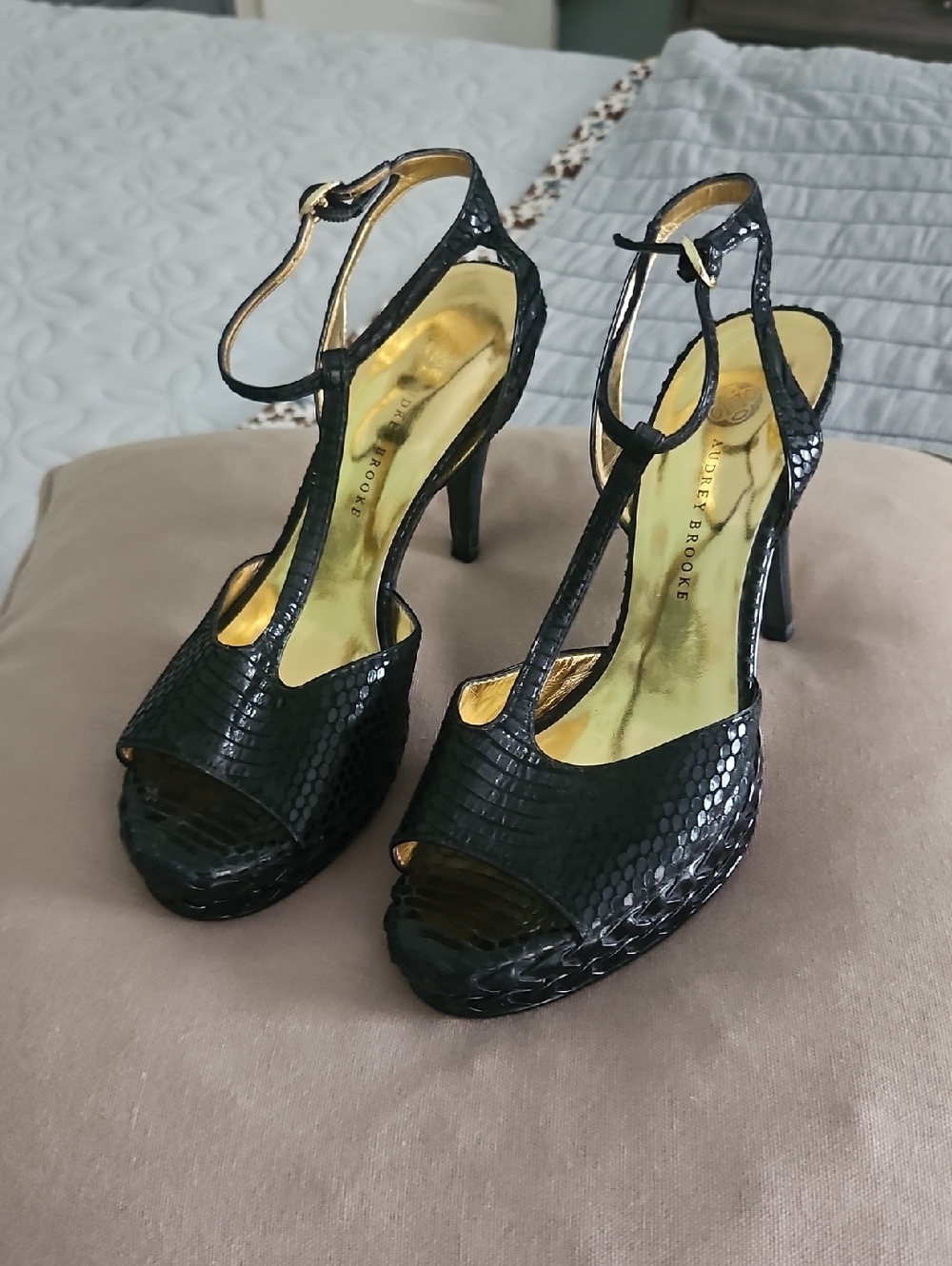 Audrey Brooke Black Textured T-Strap High Heels